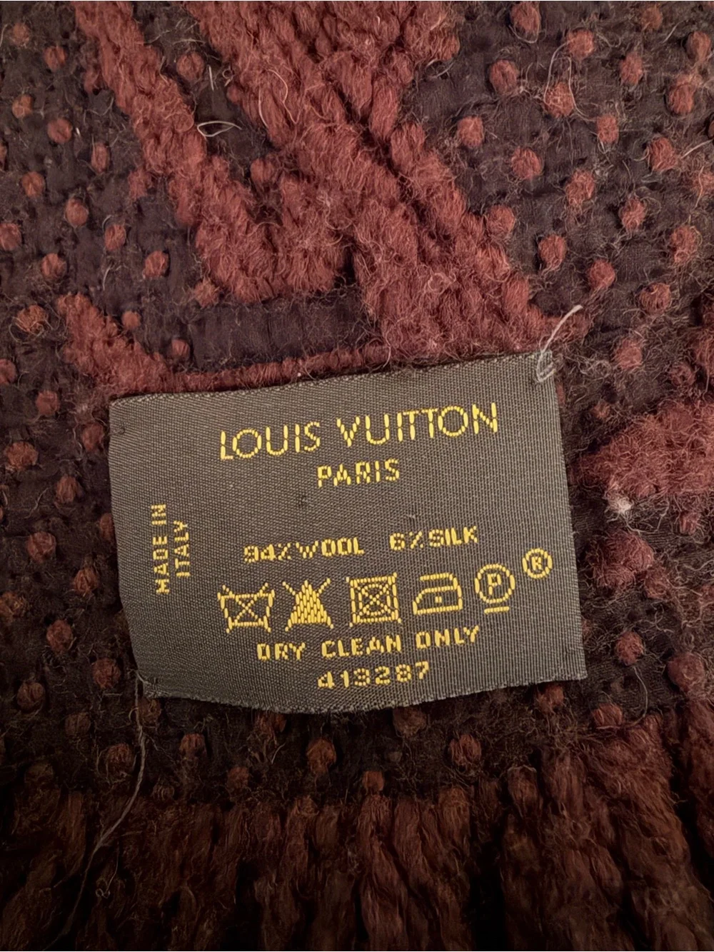Authentic Louis Vuitton Brown Monogram Knit Fringe Scarf 51x11 MPN 413287 wool
